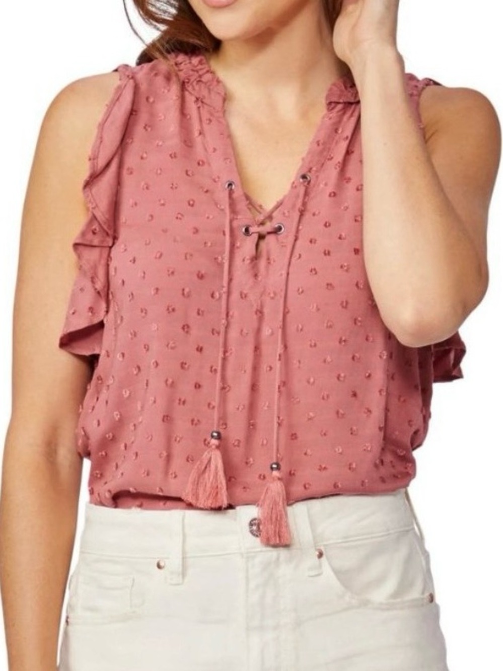 🌻NEW w/tag Paige Amala Swiss Dot Lace Up Tassel Top Pink Ruffle Sleeve Size XS